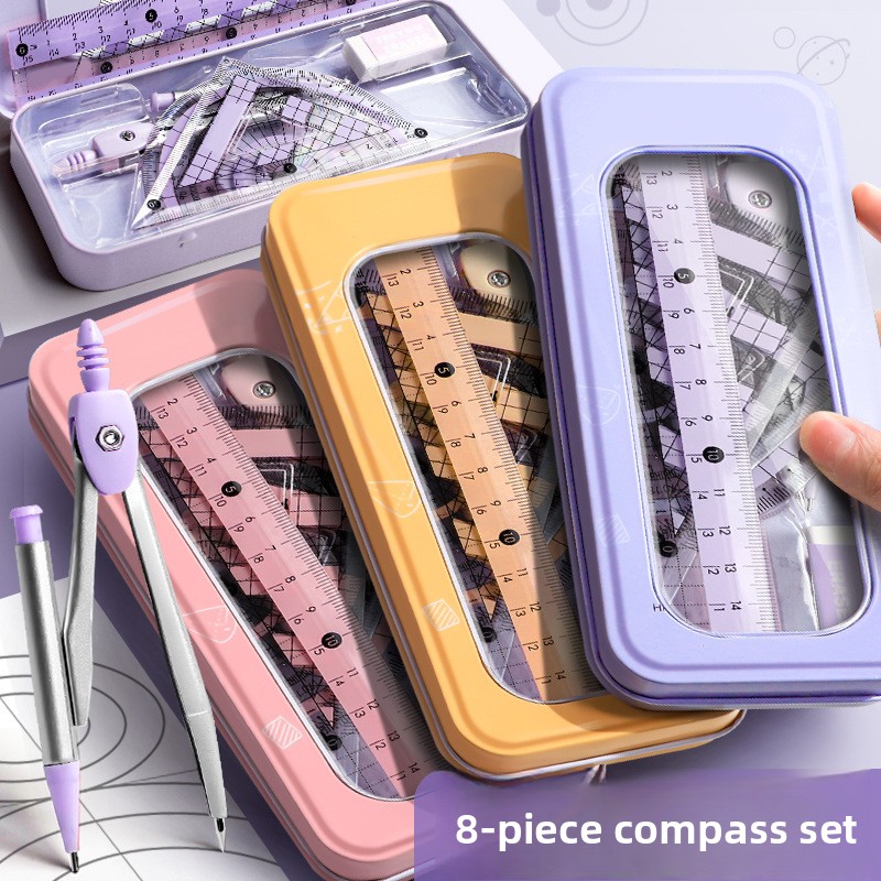 Math Geometry Set With Compass - 8-częściowy zestaw narzędzi geometrycznych dla uczniów,